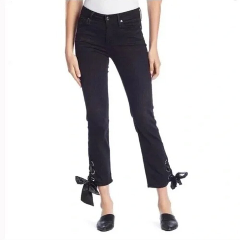 Good American Black Straight Ankle Ribbon Lace Tie Jeans, Size 14/32